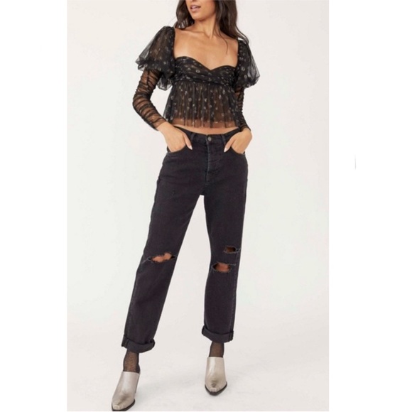 Free People Denim - Free People We the Free Bren Relaxed High Rise Jeans Black Distressed Denim 30